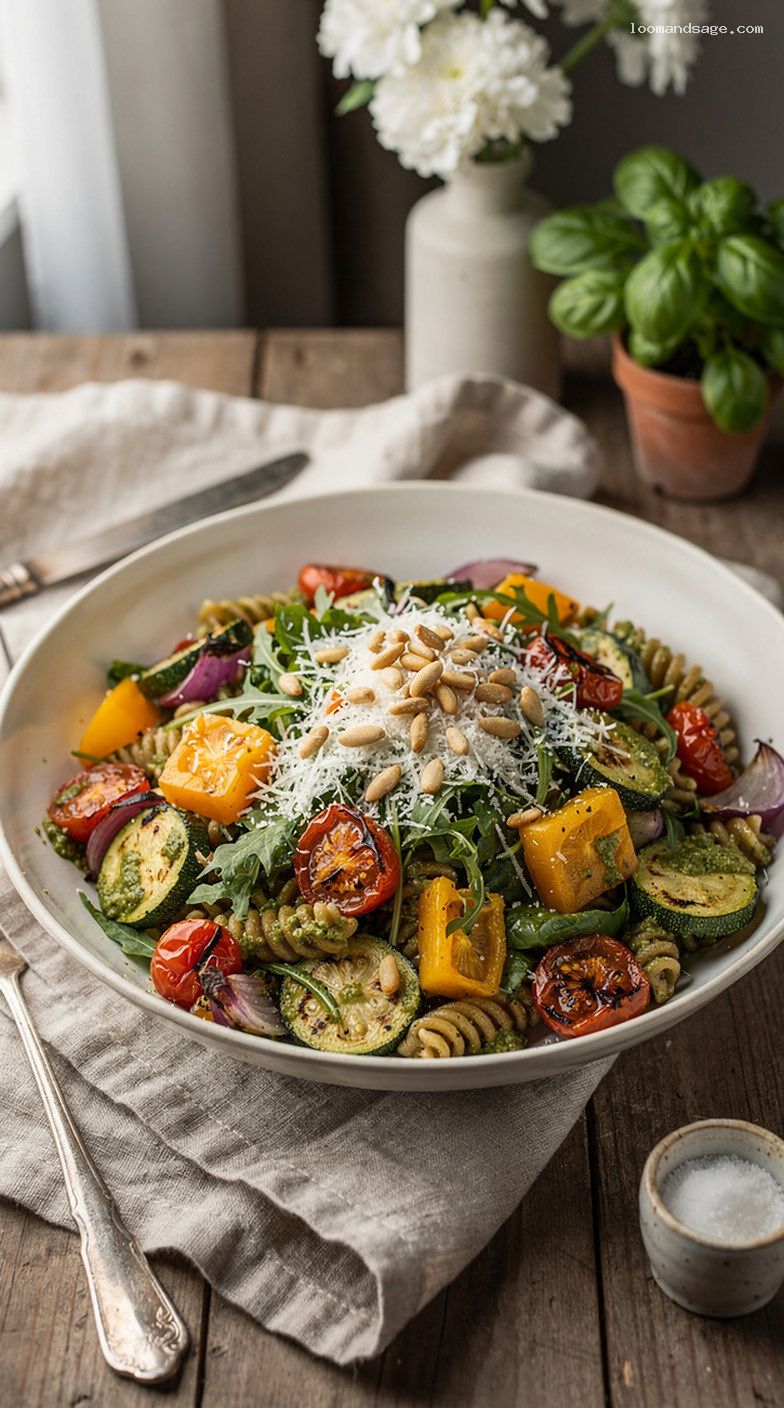Pesto Roasted Vegetable Whole-Wheat Pasta Salad