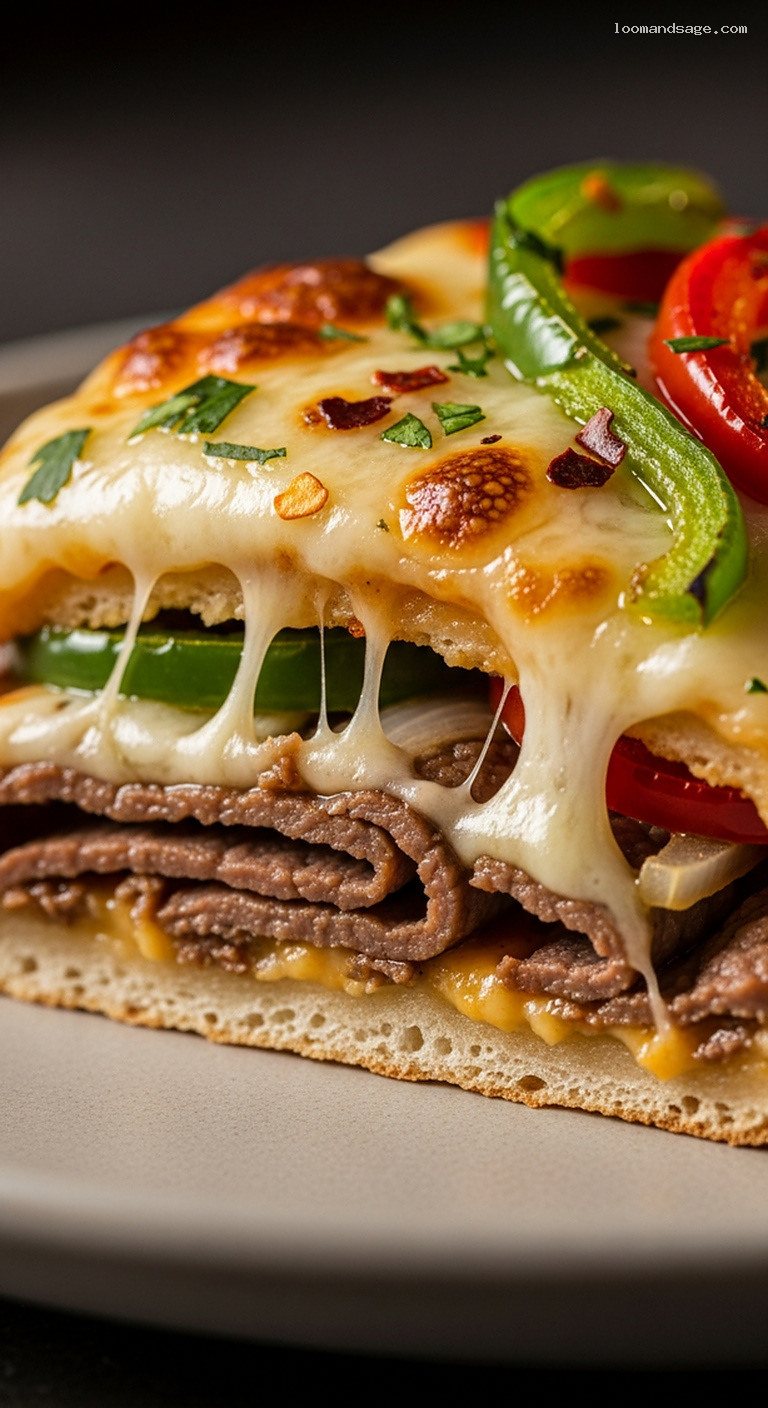 Philly Cheesesteak Pizza With Peppers and Provolone – Closeup