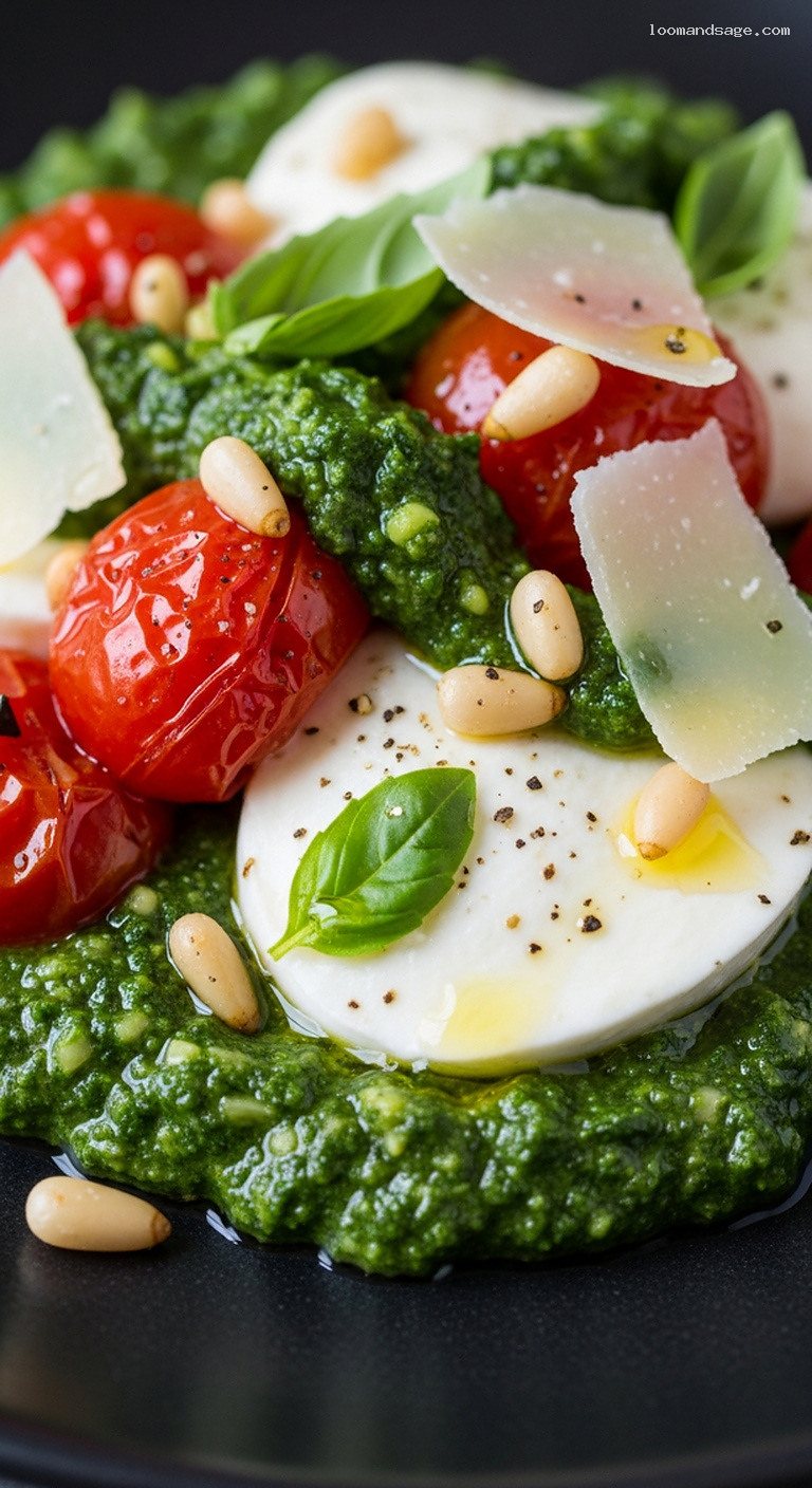 Pine Nut & Kale Pesto Pizza with Roasted Tomatoes – Closeup