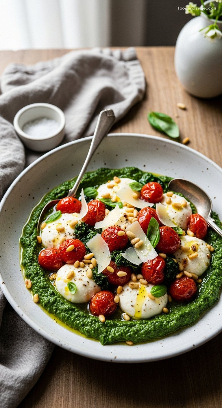 Pine Nut & Kale Pesto Pizza with Roasted Tomatoes