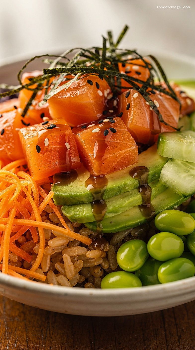 Poke-Style Salmon Bowl With Brown Rice and Soy-Sesame Drizzle – Closeup