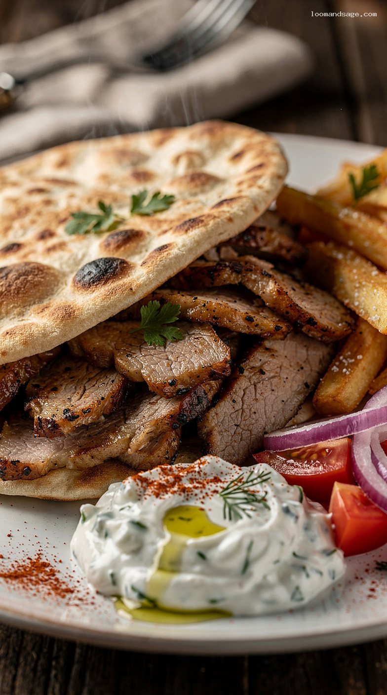 Pork Gyro Plate With Tzatziki, Tomato, and Onion – Closeup