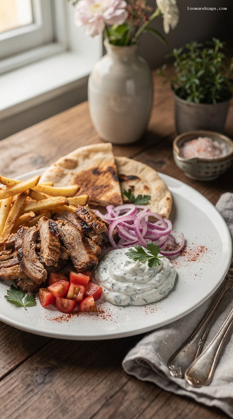 Pork Gyro Plate With Tzatziki, Tomato, and Onion