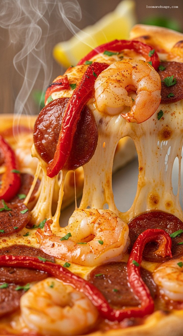 Prawn & Chorizo Pizza (Tomato or Garlic-Oil Base) – Closeup