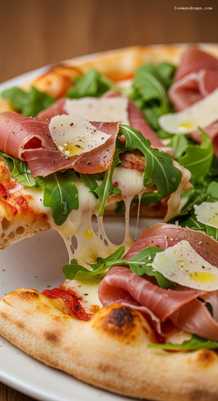 Prosciutto and Arugula Pizza with Lemon Olive Oil – Closeup