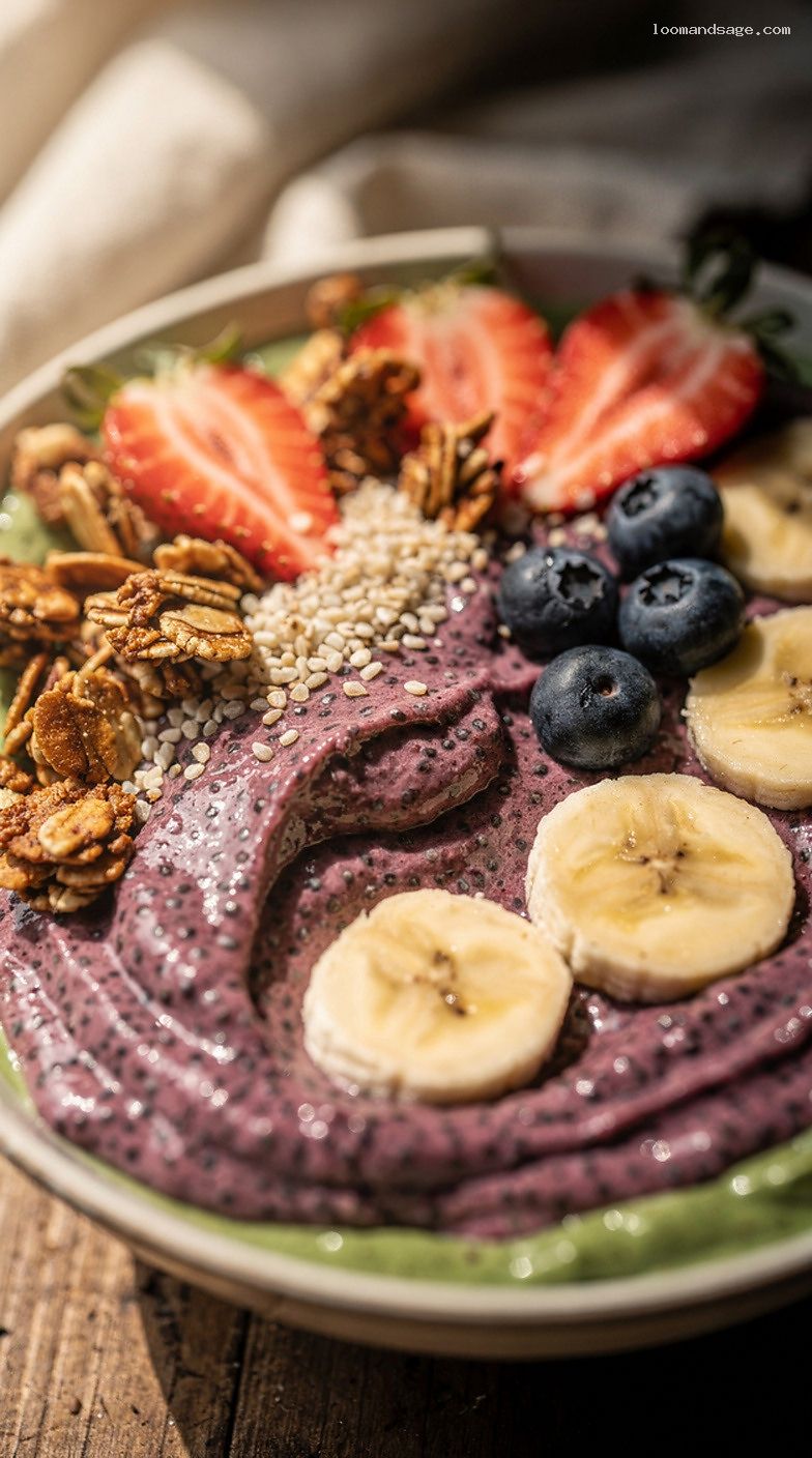 Protein-Packed Banana Chia Smoothie Bowl With Berries and Granola – Closeup