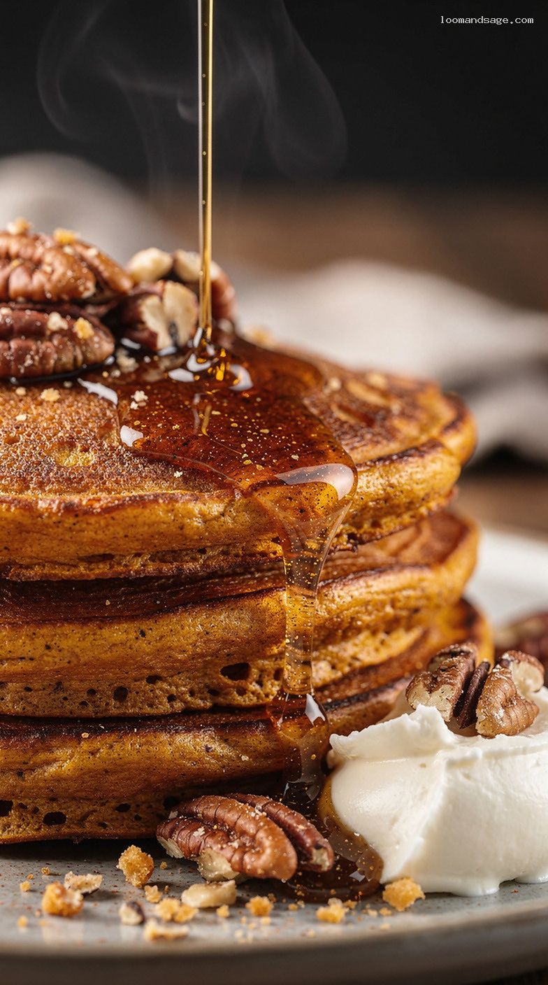Pumpkin Spice Pancakes With Brown Butter Maple Drizzle and Pecans – Closeup