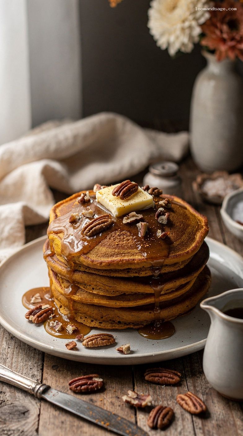 Pumpkin Spice Pancakes With Brown Butter Maple Drizzle and Pecans
