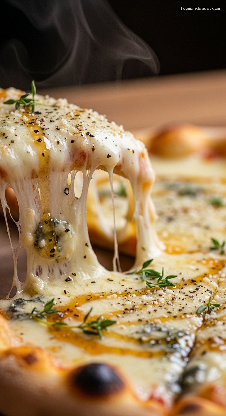 Quattro Formaggi Four-Cheese Pizza with Honey Drizzle – Closeup