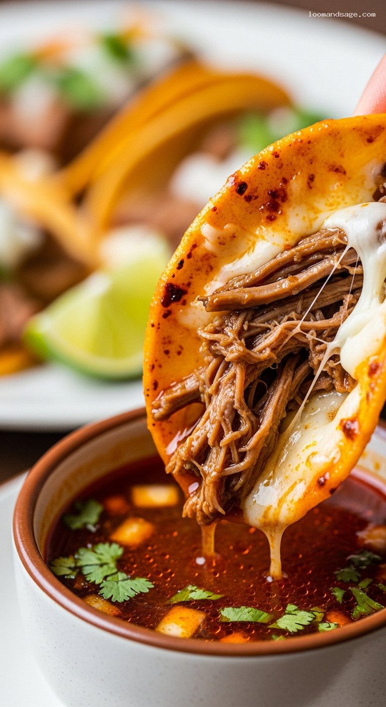 Quesabirria-Style Lamb Tacos with Melty Cheese and Consommé – Closeup