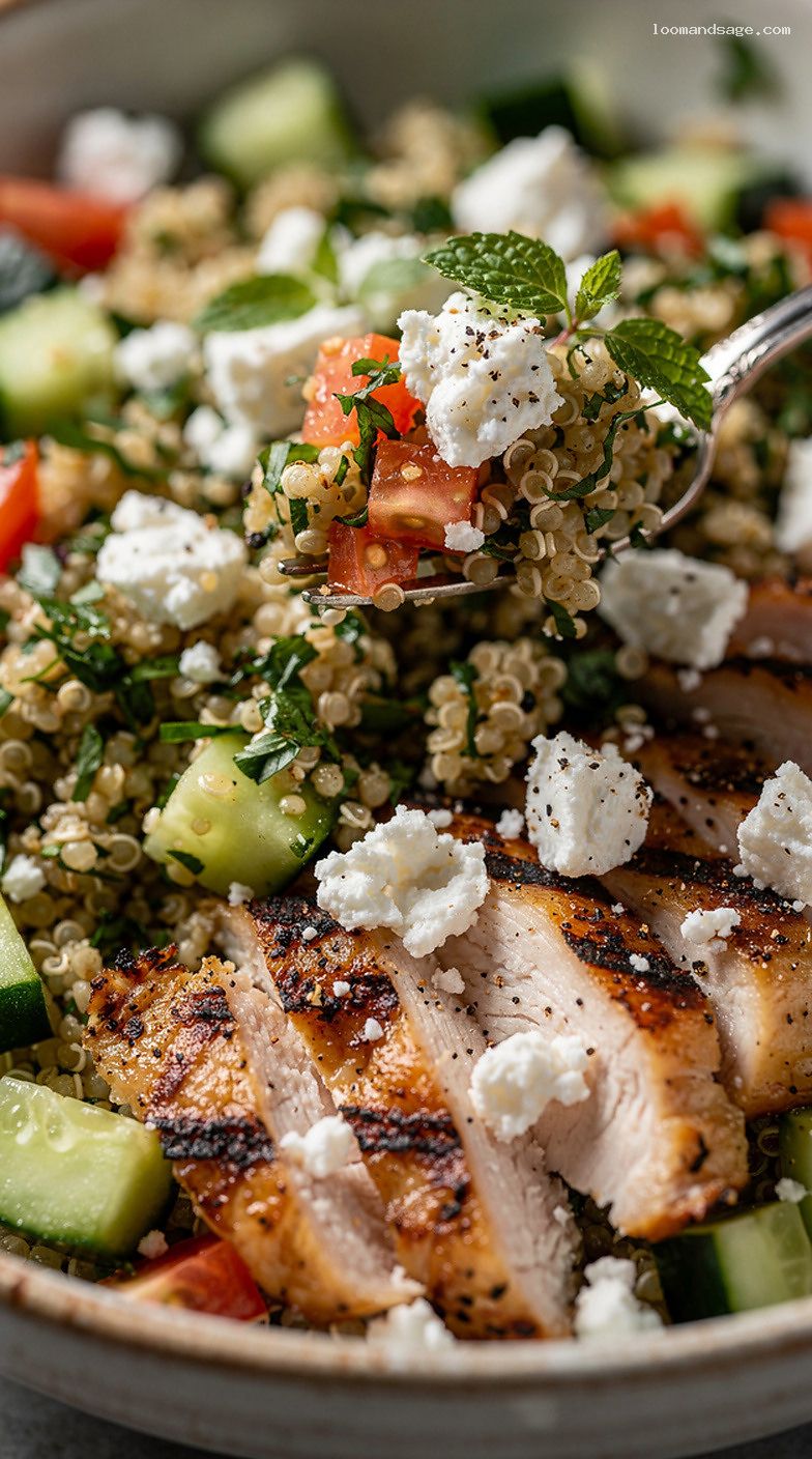 Quinoa Tabbouleh With Grilled Chicken and Feta – Closeup