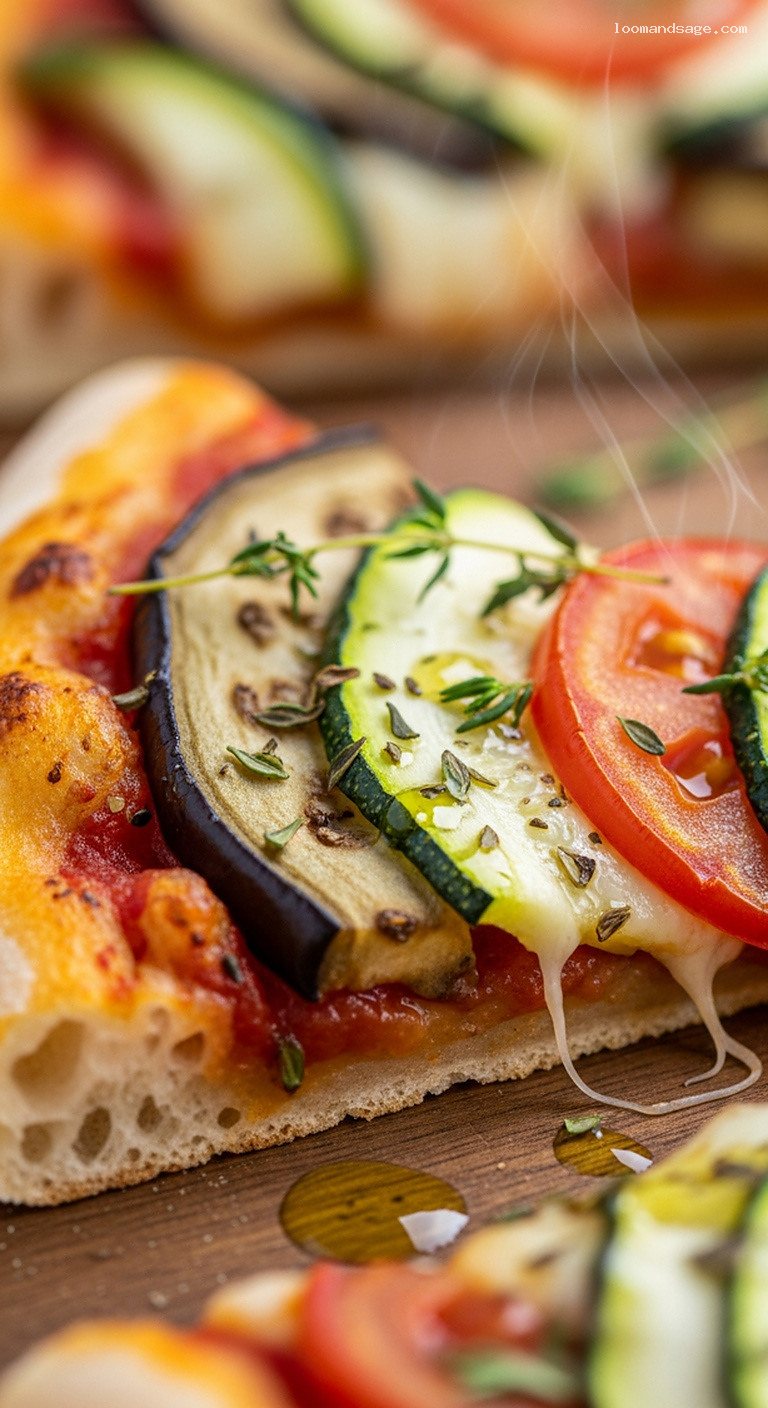 Ratatouille Pizza with Zucchini, Eggplant, and Tomato – Closeup