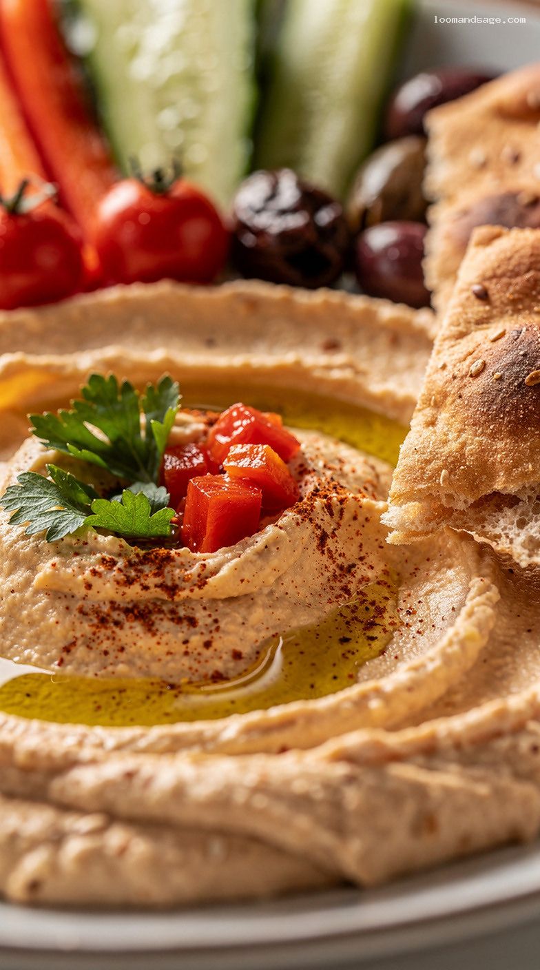 Red Pepper Hummus Veggie Plate With Pita and Egg – Closeup