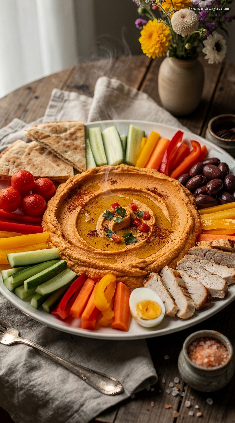 Red Pepper Hummus Veggie Plate With Pita and Egg