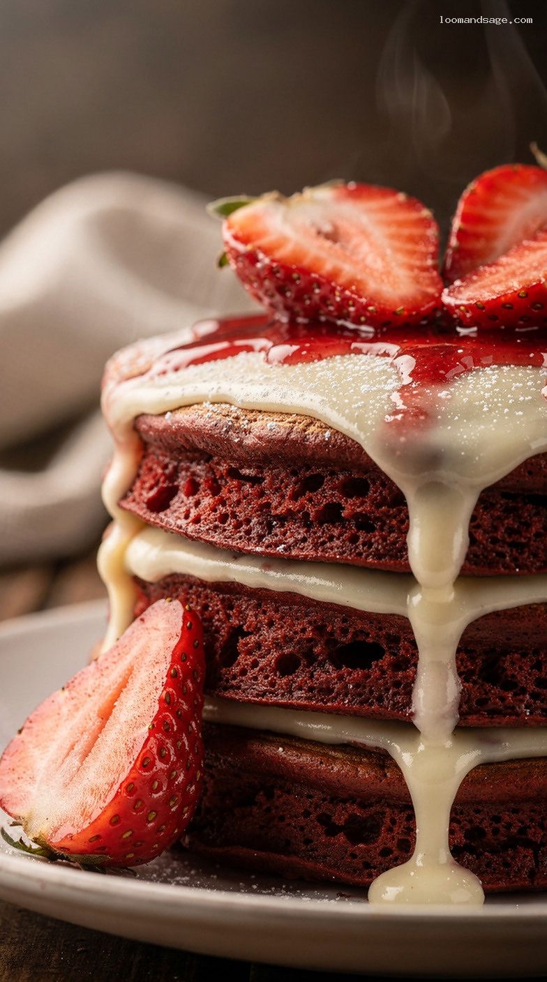 Red Velvet Pancakes With Cream Cheese Drizzle and Strawberries – Closeup