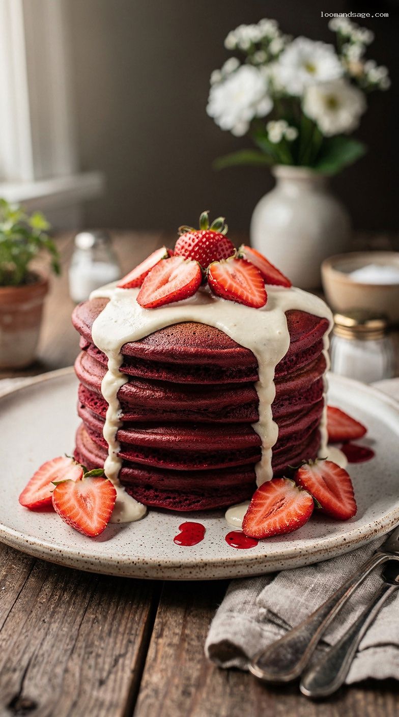 Red Velvet Pancakes With Cream Cheese Drizzle and Strawberries