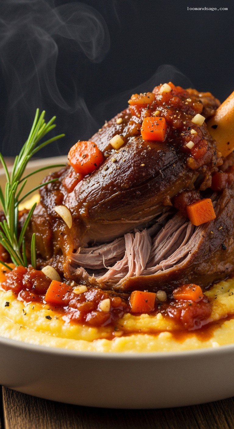 Red Wine Braised Lamb Shanks with Creamy Polenta – Closeup