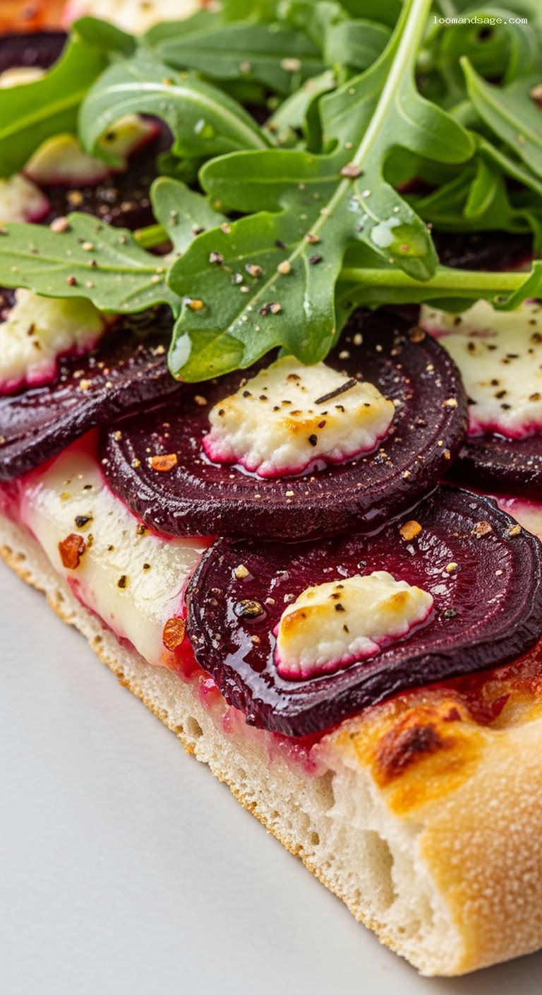 Roasted Beet and Feta Pizza with Lemon Arugula – Closeup