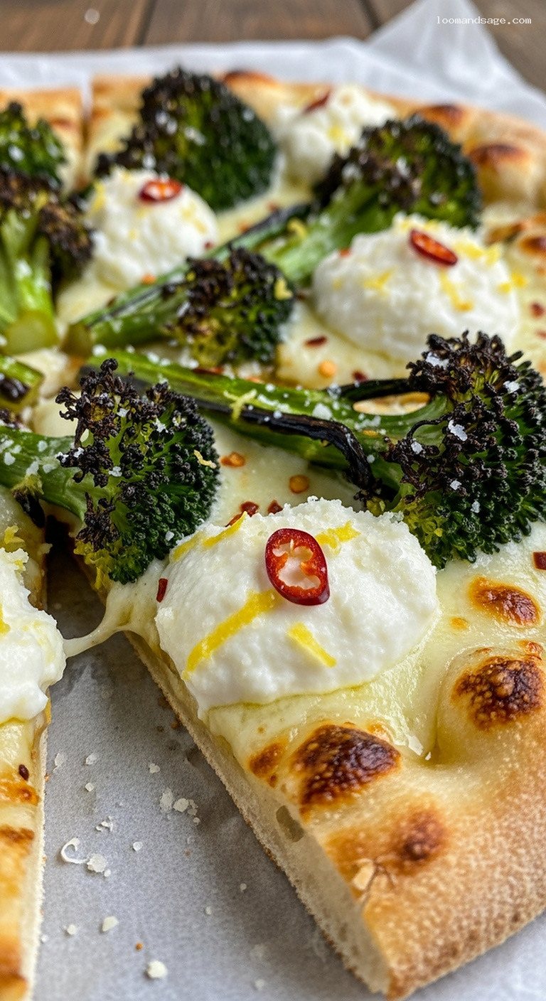 Roasted Broccoli and Lemon Ricotta White Pizza – Closeup