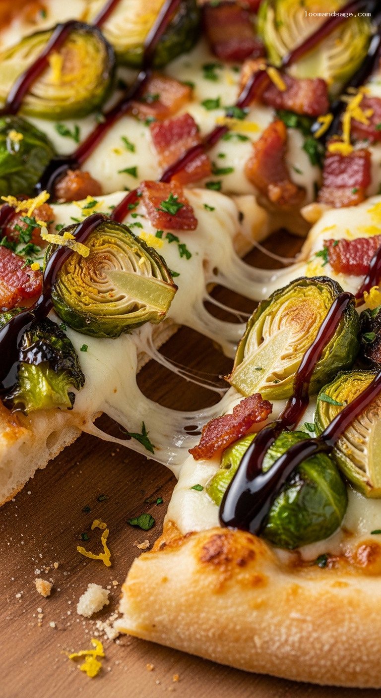 Roasted Brussels Sprouts and Bacon with Balsamic Glaze – Closeup