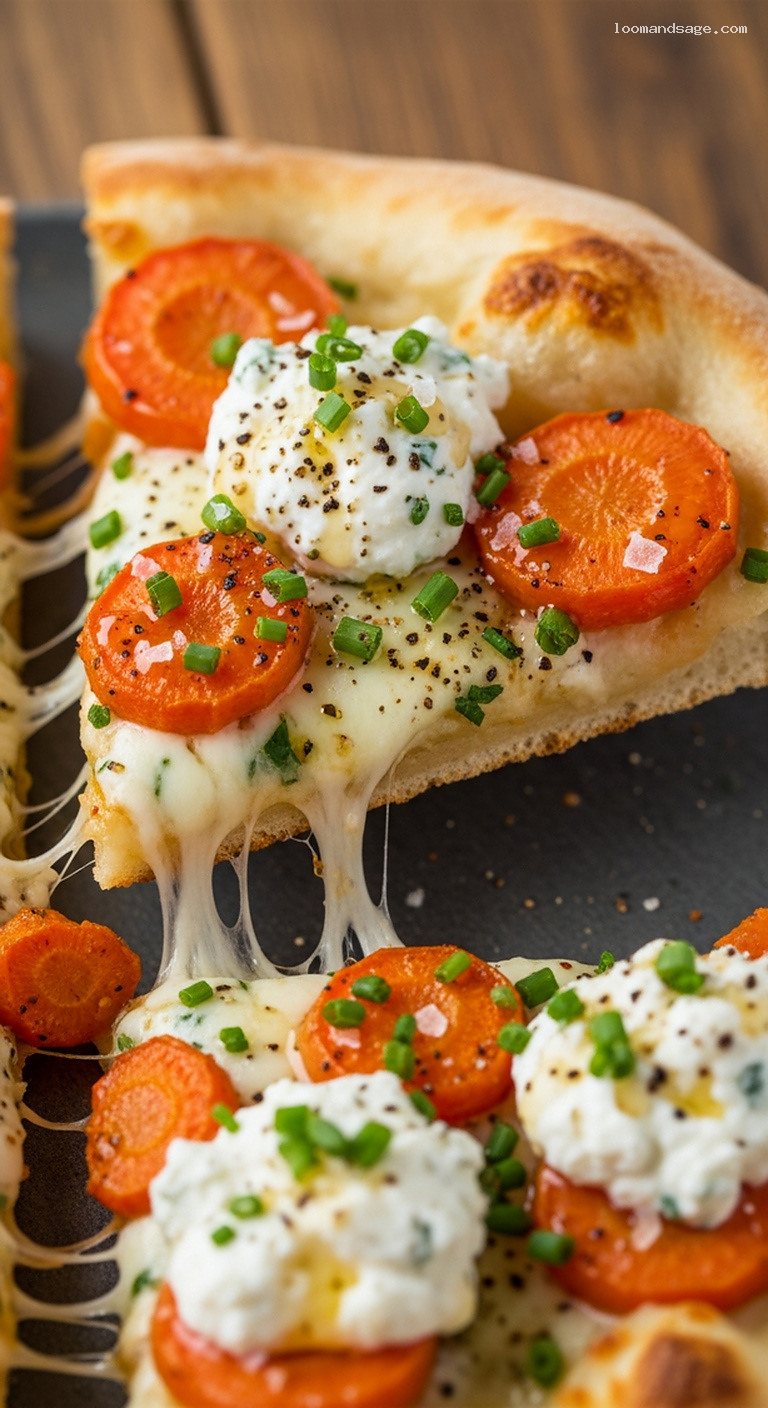 Roasted Carrot and Herb Goat Cheese Pizza with Honey Drizzle – Closeup
