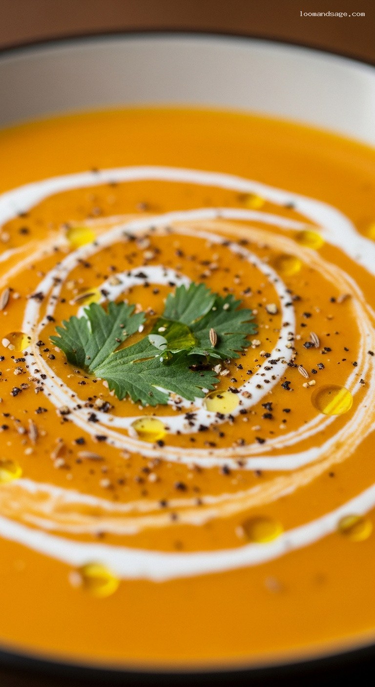 Roasted Carrot Ginger Bisque with Coconut Cream – Closeup