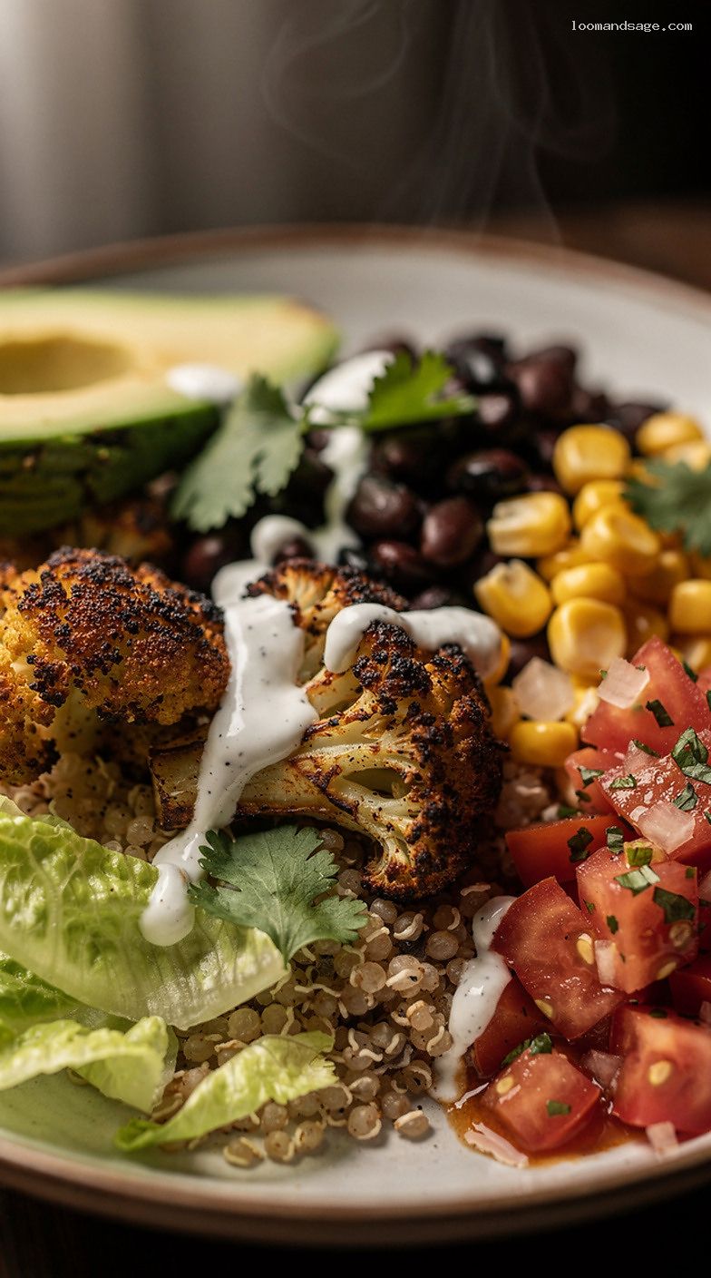 Roasted Cauliflower and Black Bean Burrito Bowls with Lime Yogurt Drizzle – Closeup