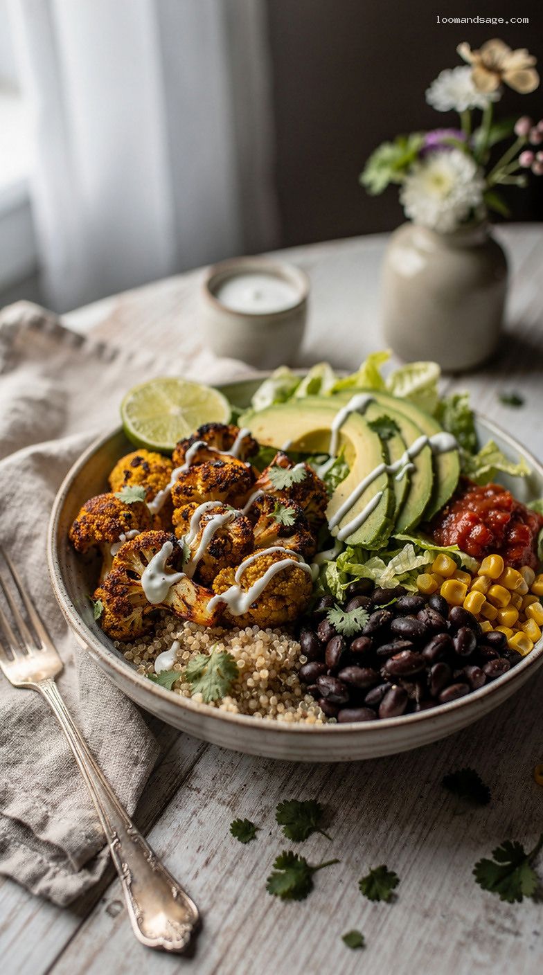 Roasted Cauliflower and Black Bean Burrito Bowls with Lime Yogurt Drizzle