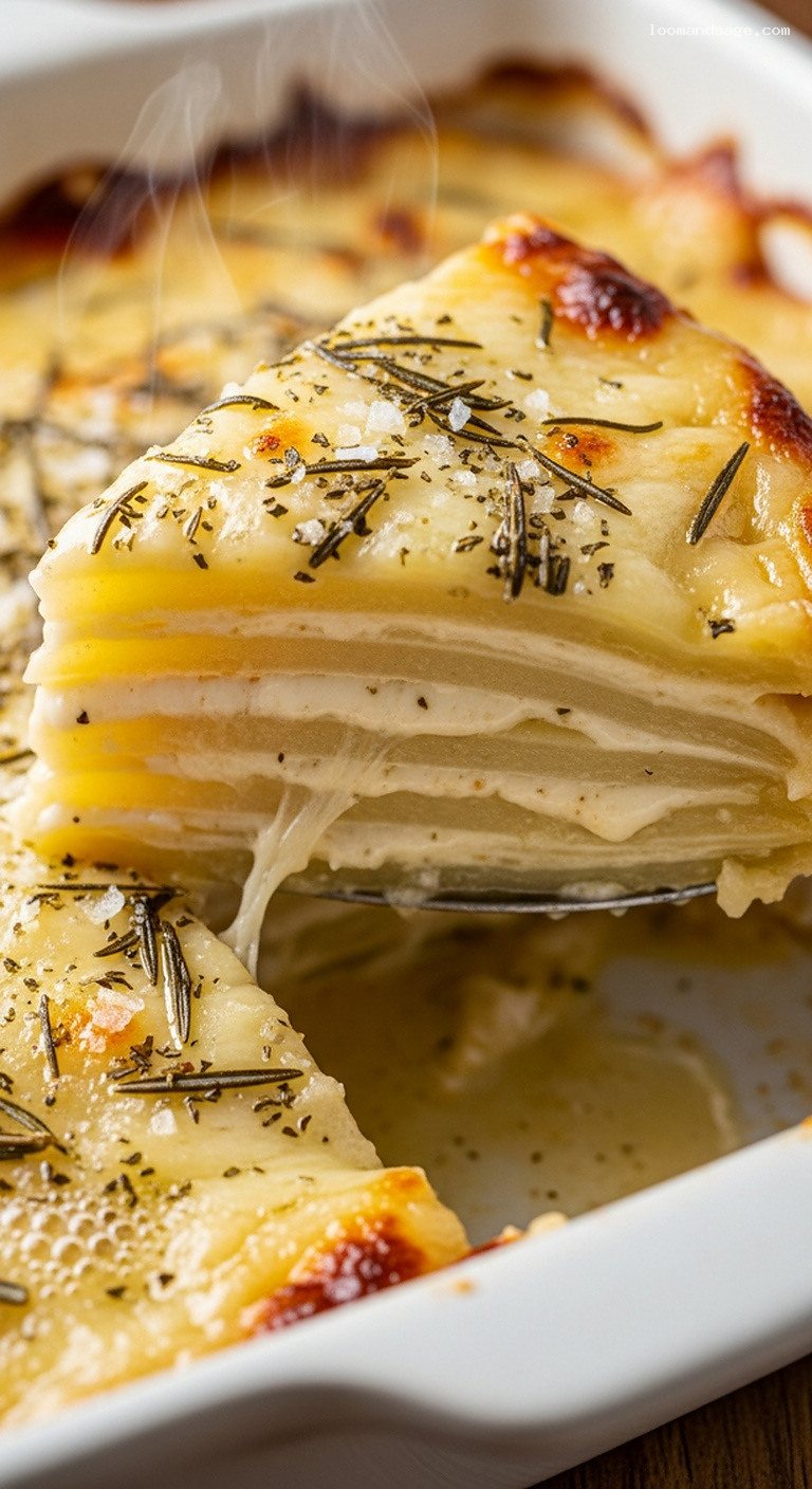 Roasted Garlic Yukon Gold Potato Gratin with Rosemary – Closeup