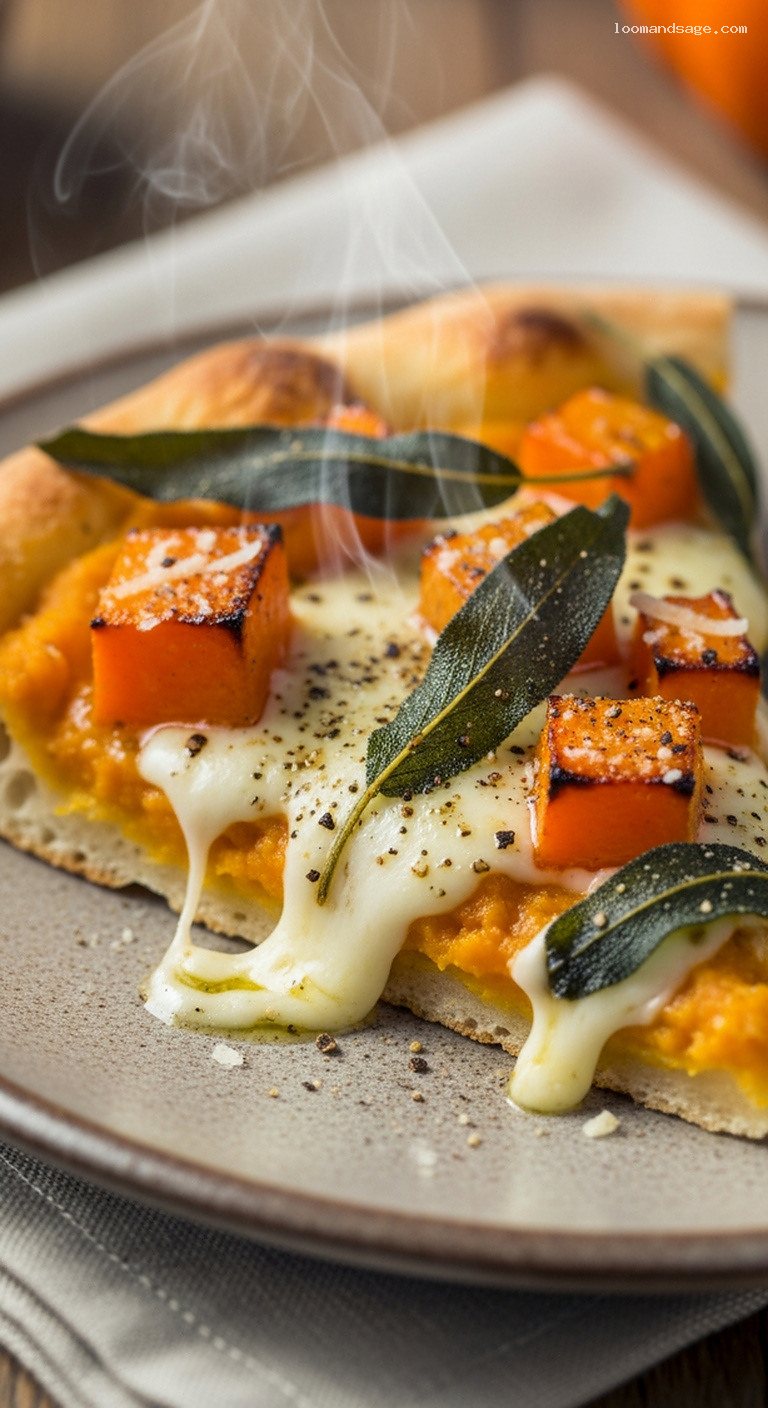 Roasted Pumpkin and Sage Pizza with Mozzarella – Closeup