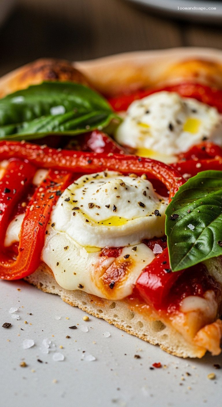 Roasted Red Pepper and Goat Cheese Margherita Pizza – Closeup