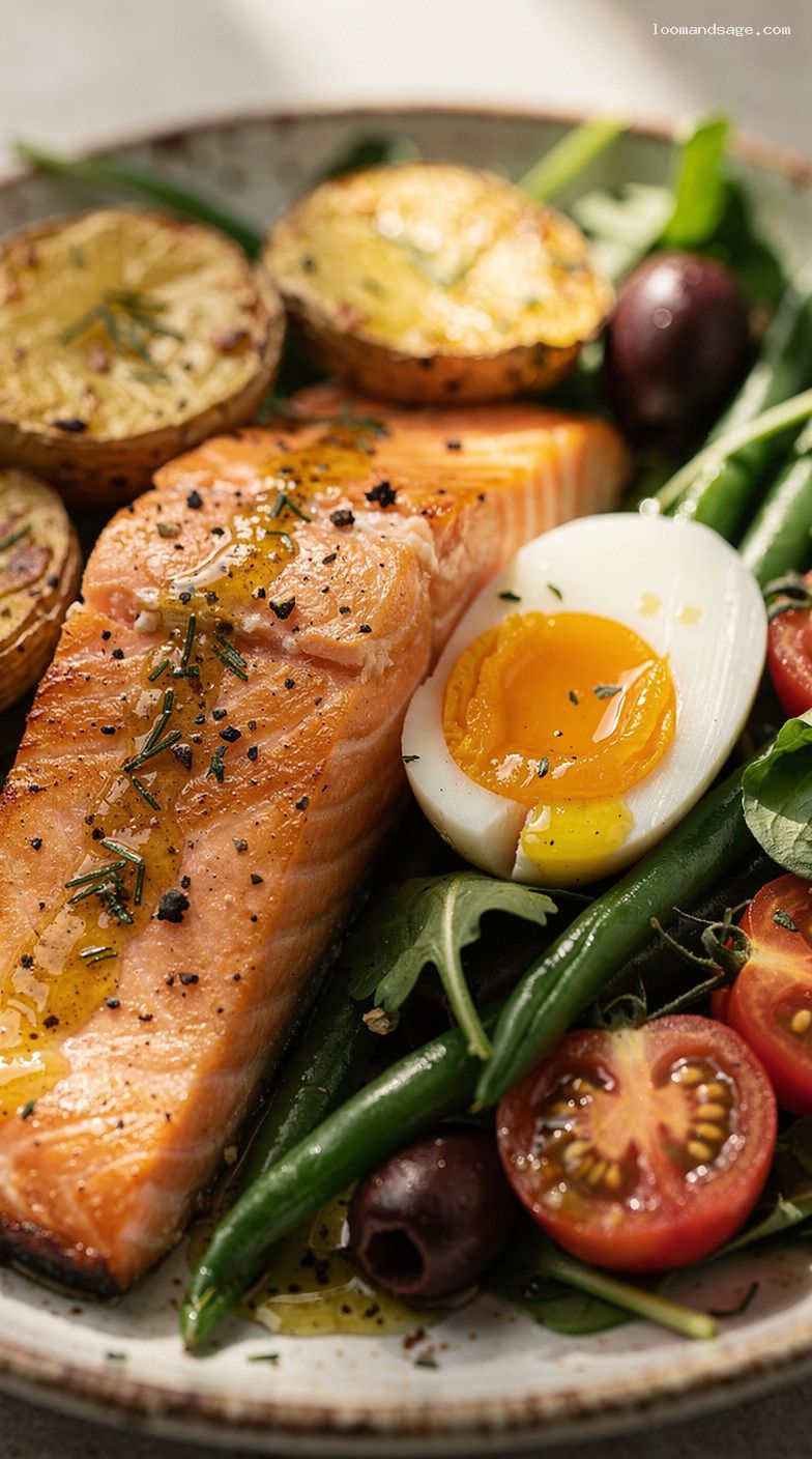 Roasted Salmon Niçoise Salad With Dijon Lemon Vinaigrette – Closeup