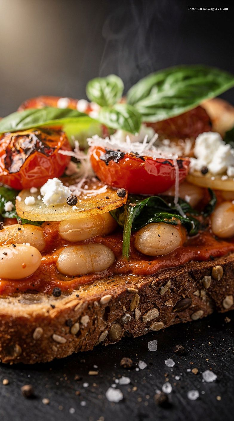 Roasted Tomato and White Bean Skillet Toasts with Spinach – Closeup
