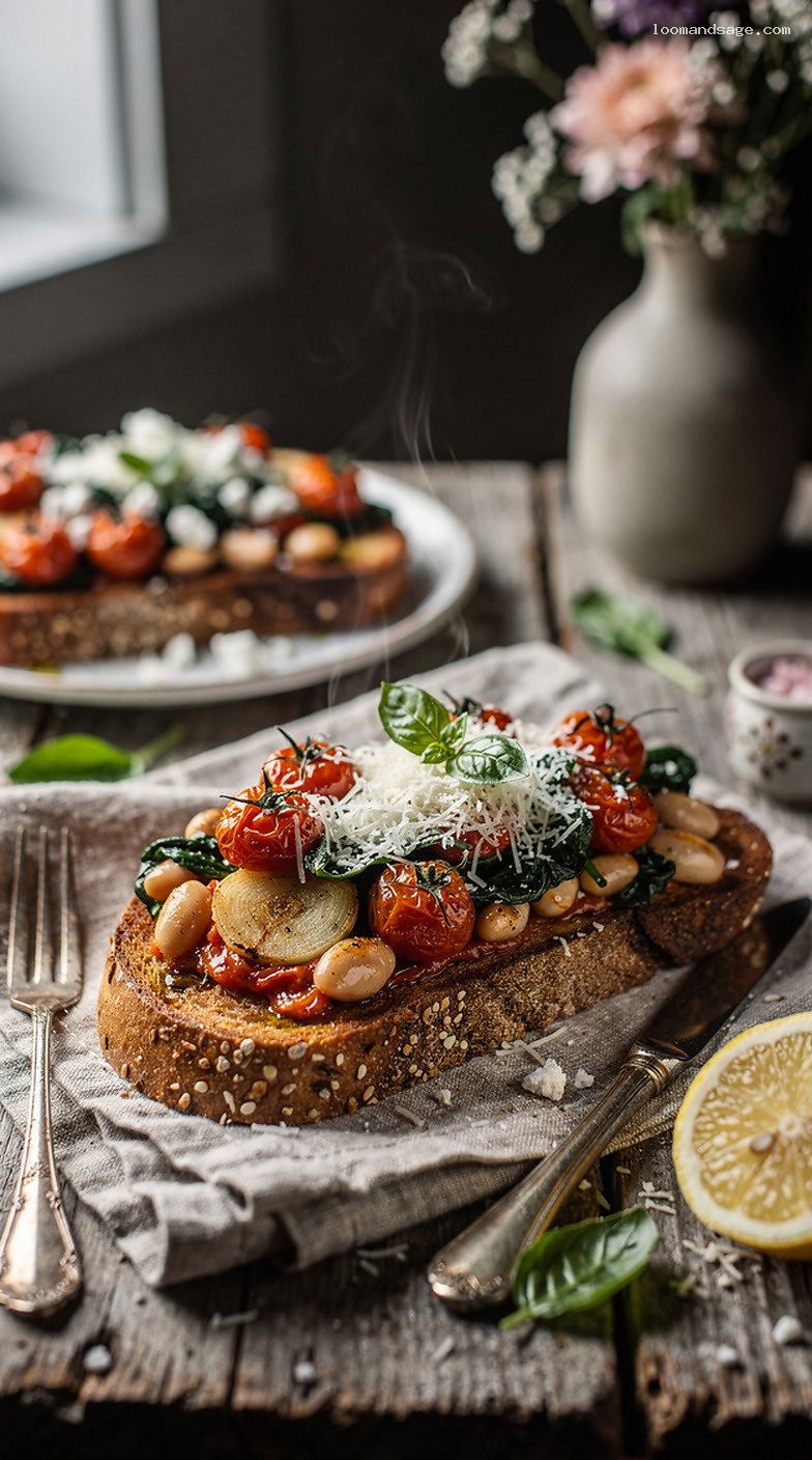 Roasted Tomato and White Bean Skillet Toasts with Spinach