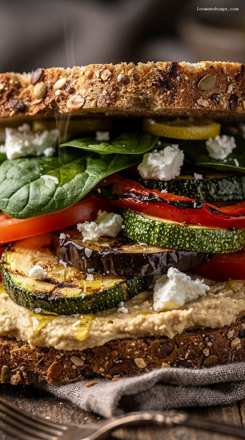 Roasted Vegetable and Hummus Sandwich with Lemon and Spinach – Closeup