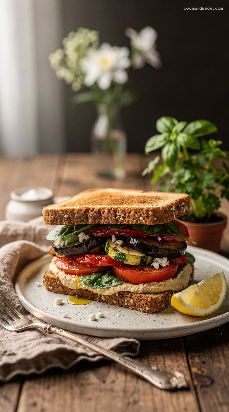 Roasted Vegetable and Hummus Sandwich with Lemon and Spinach