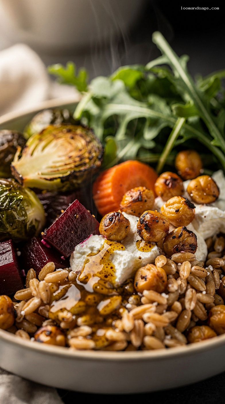 Roasted Veggie and Goat Cheese Farro Bowl With Maple-Dijon Vinaigrette – Closeup