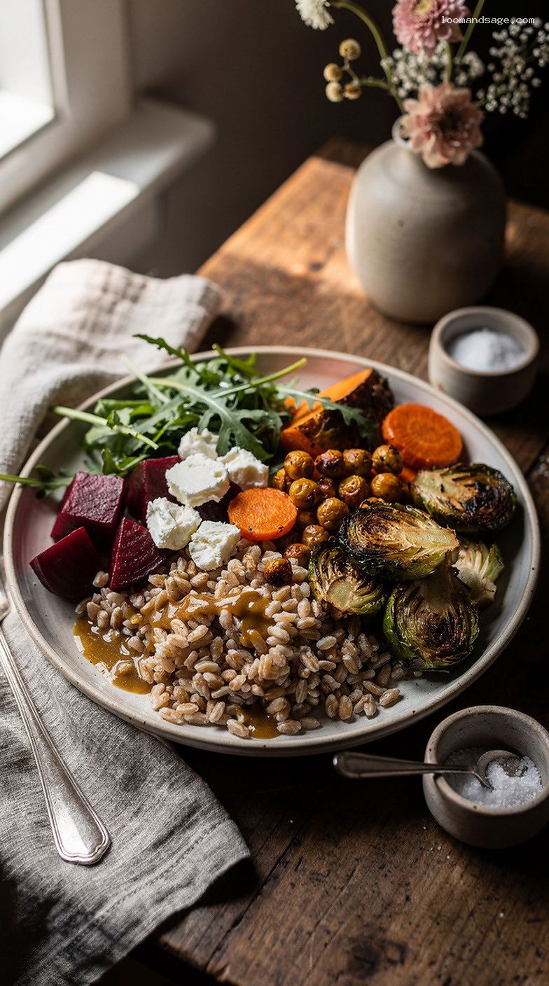 Roasted Veggie and Goat Cheese Farro Bowl With Maple-Dijon Vinaigrette
