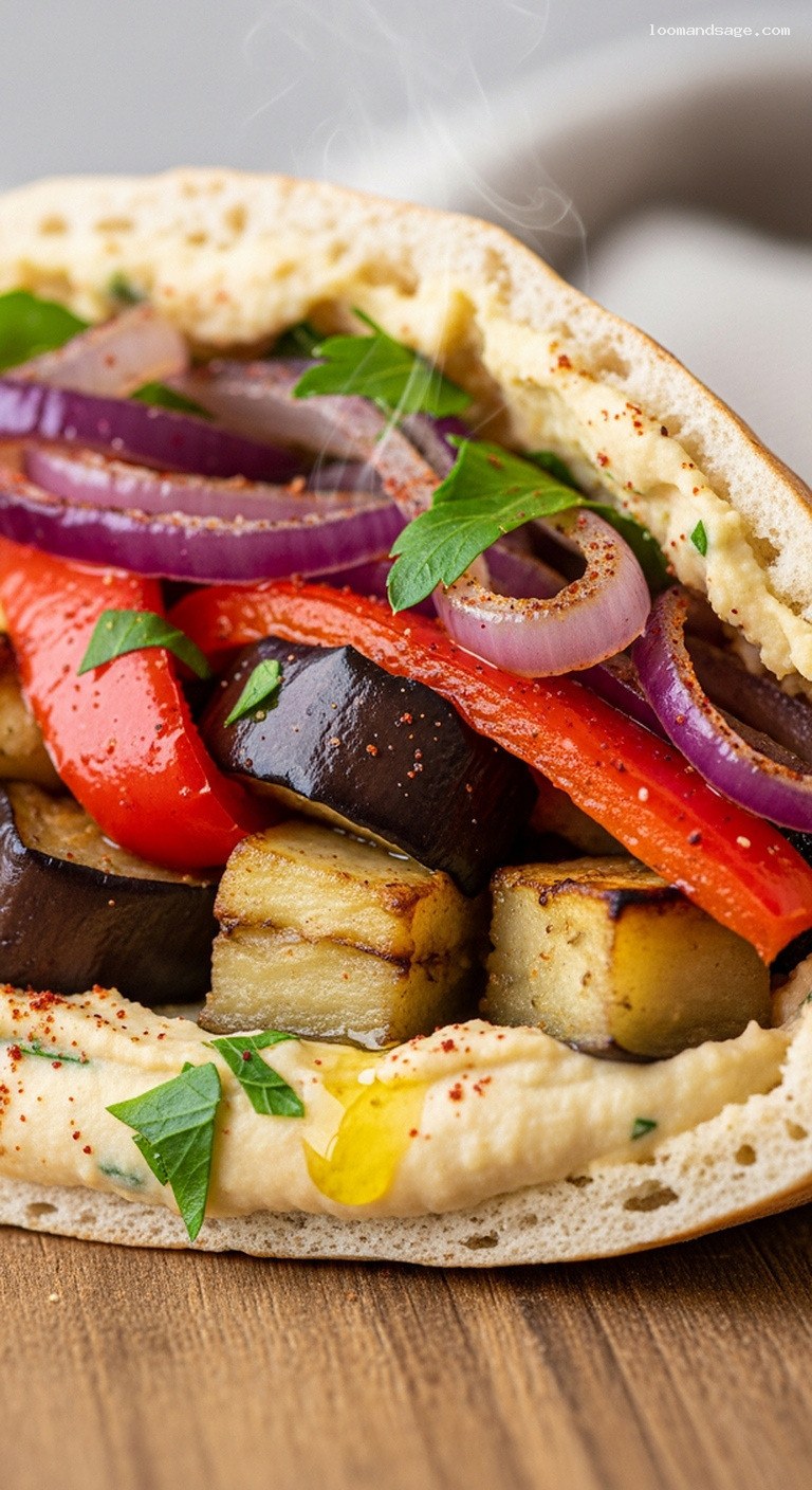 Roasted Veggie Pita Pockets With Herb Hummus – Closeup