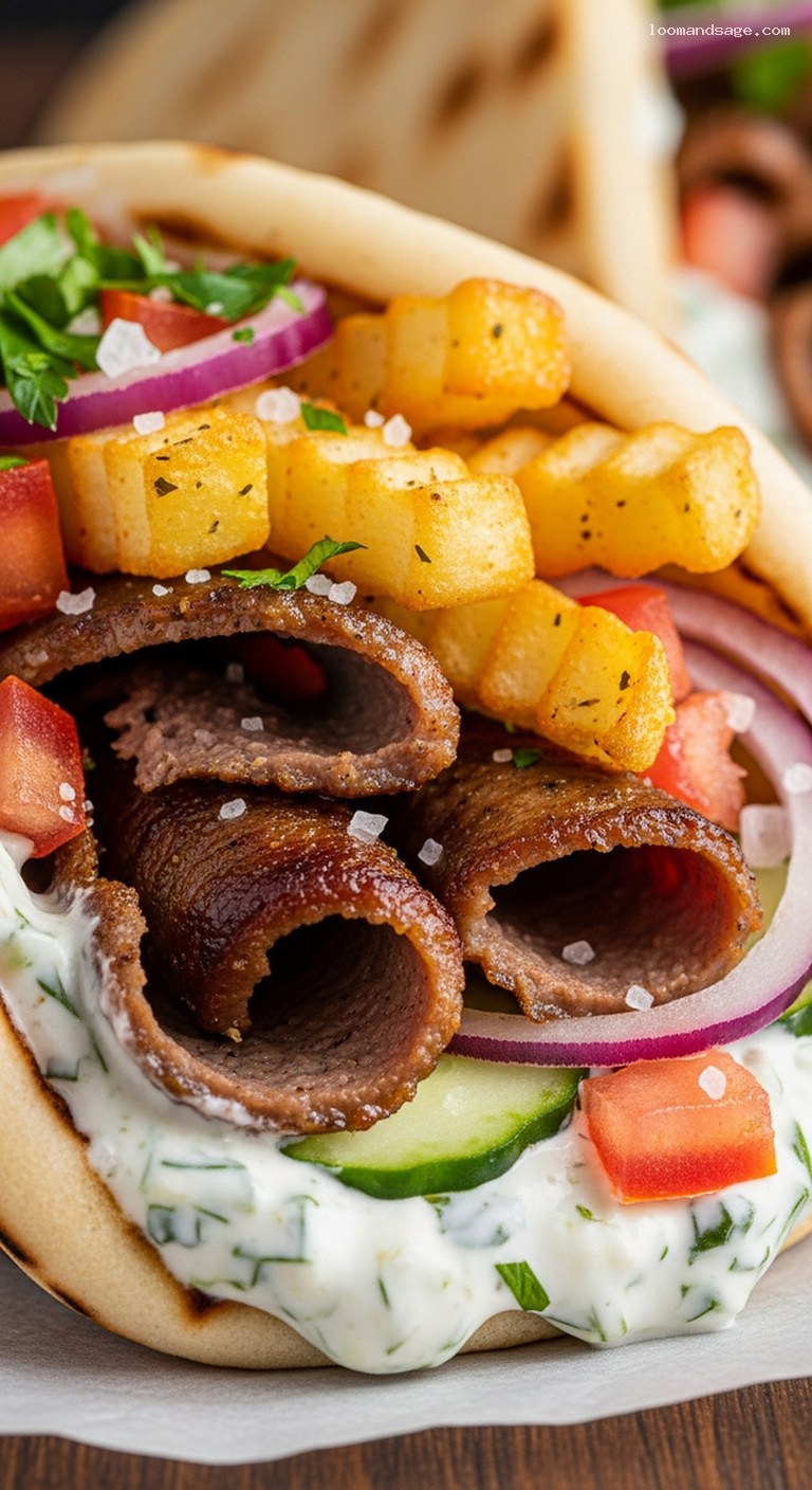 Rotisserie Lamb Gyros with Tzatziki, Tomatoes, and Fries – Closeup