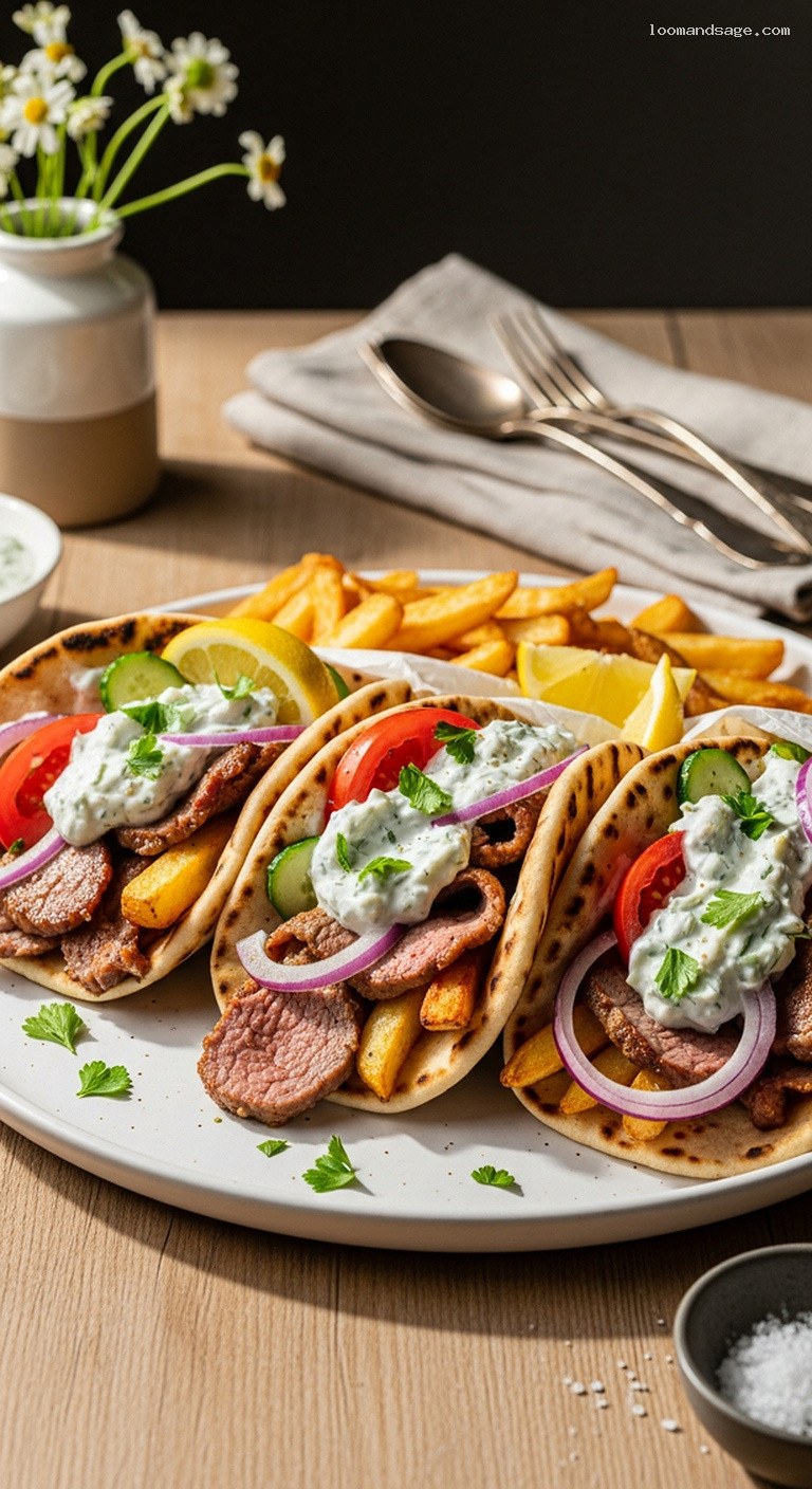 Rotisserie Lamb Gyros with Tzatziki, Tomatoes, and Fries