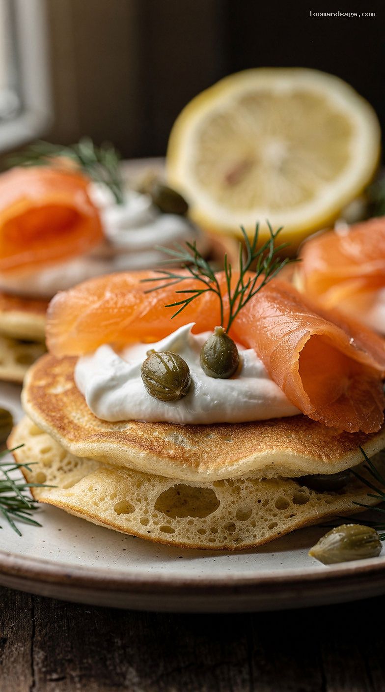 Russian Blini with Smoked Salmon, Crème Fraîche, and Dill – Closeup