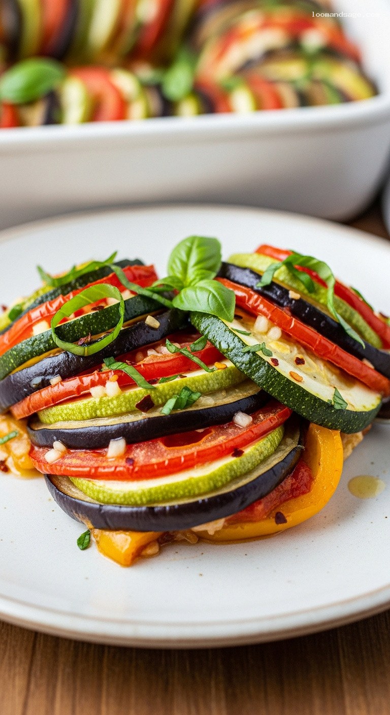 Rustic Baked Ratatouille Casserole With Garlic and Basil – Closeup
