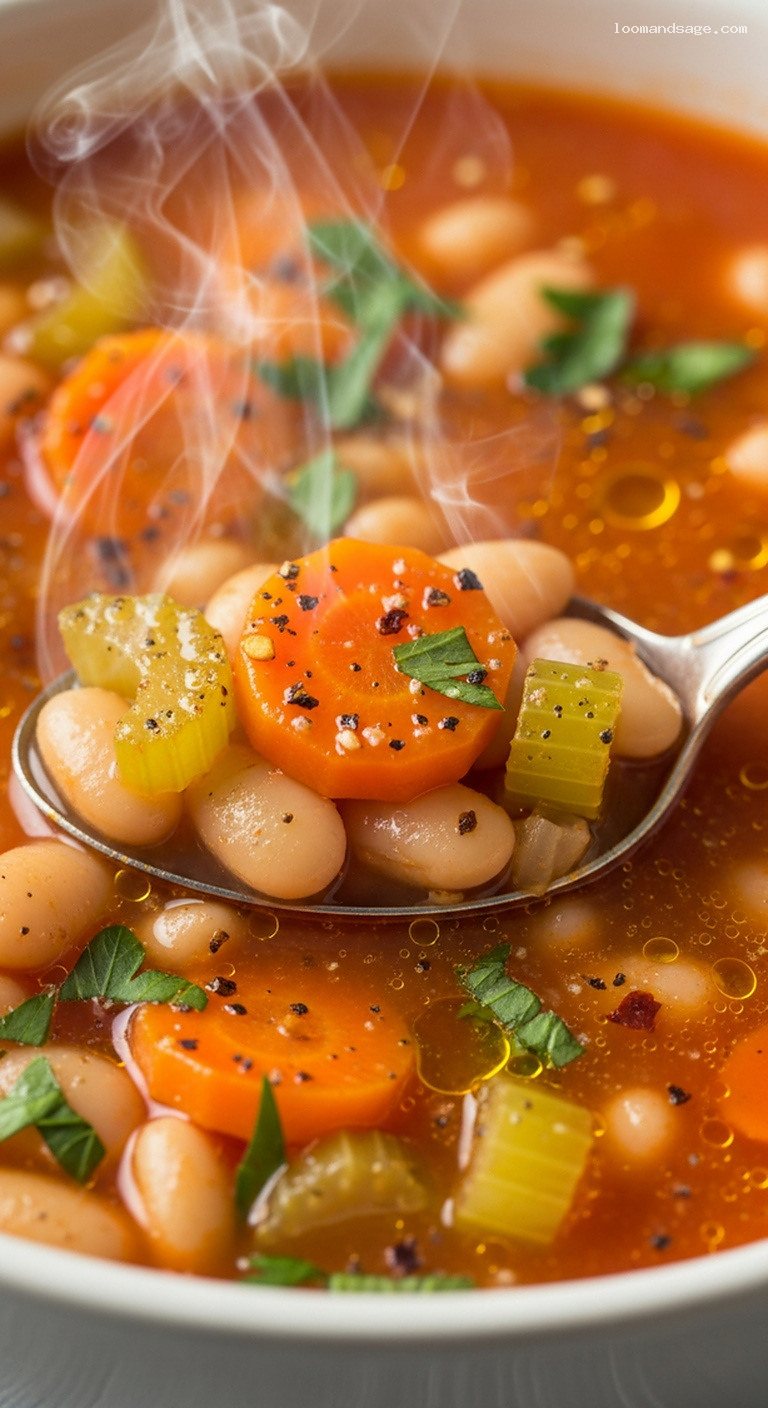 Rustic Greek Fasolada White Bean Soup With Lemon – Closeup