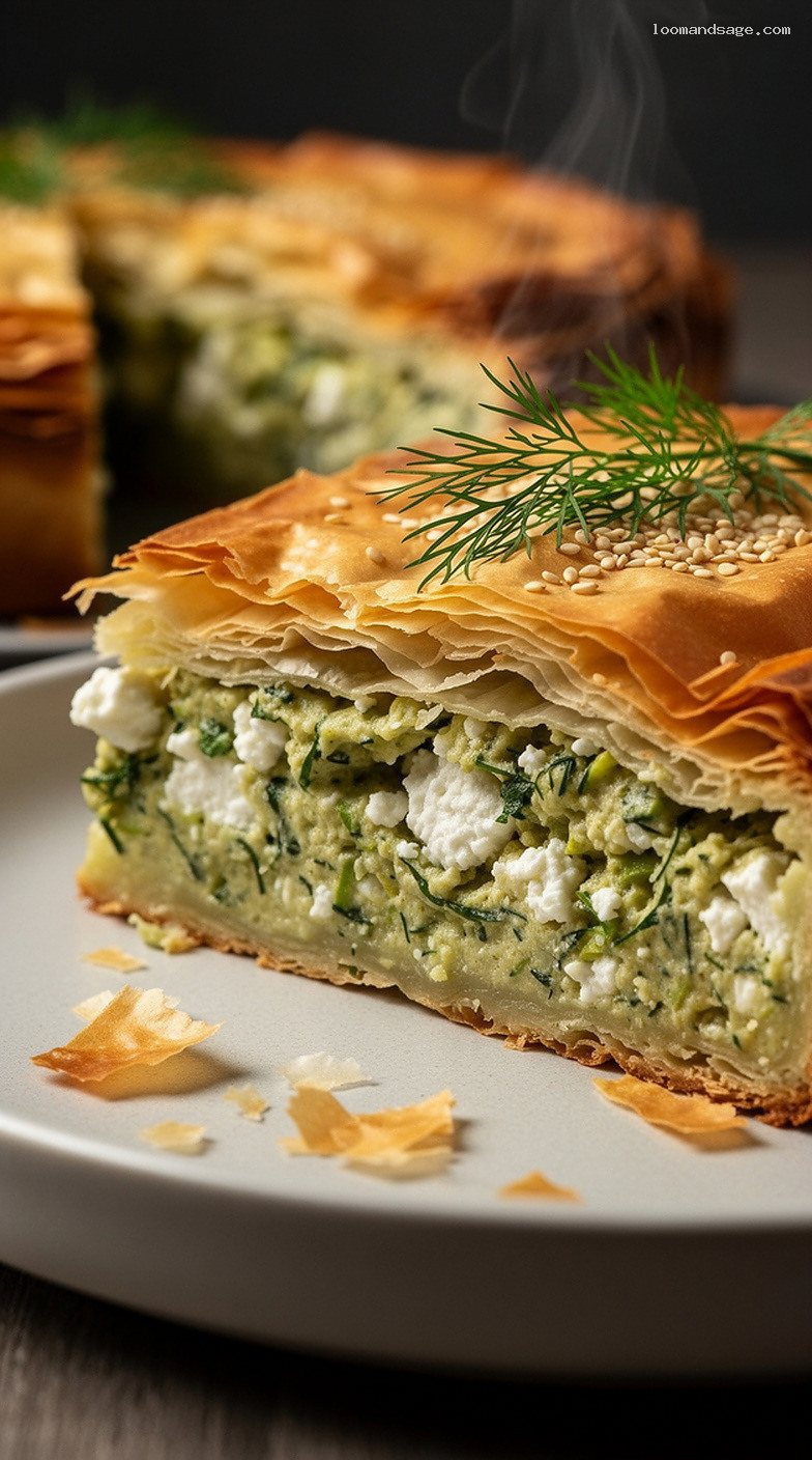 Rustic Greek Zucchini Feta Phyllo Pie (Kolokithopita) – Closeup