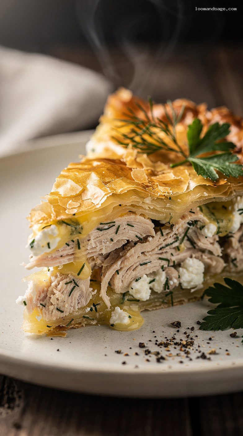 Rustic Kotopita Greek Chicken Pie With Buttery Phyllo – Closeup