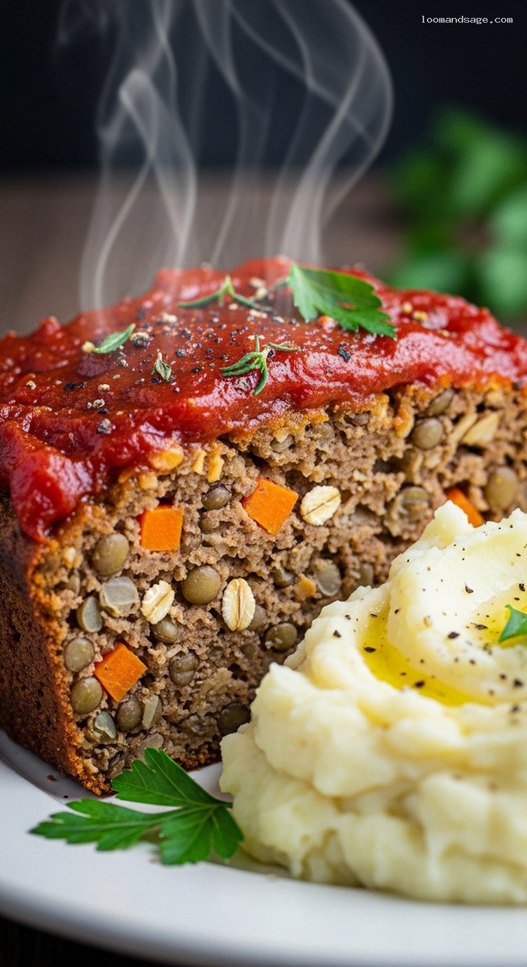 Rustic Lentil Loaf with Tangy Tomato Glaze – Closeup