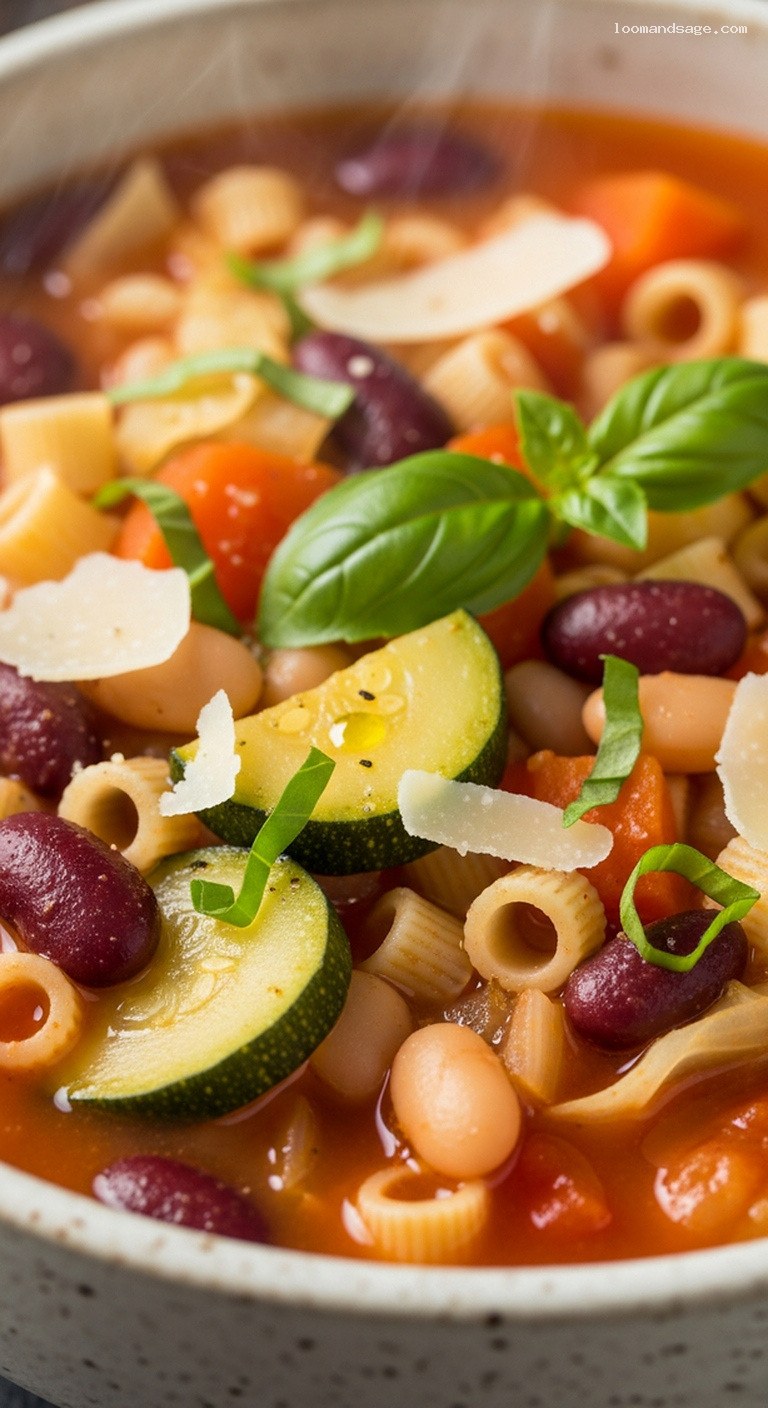 Rustic Minestrone with Zucchini, Beans, and Basil – Closeup