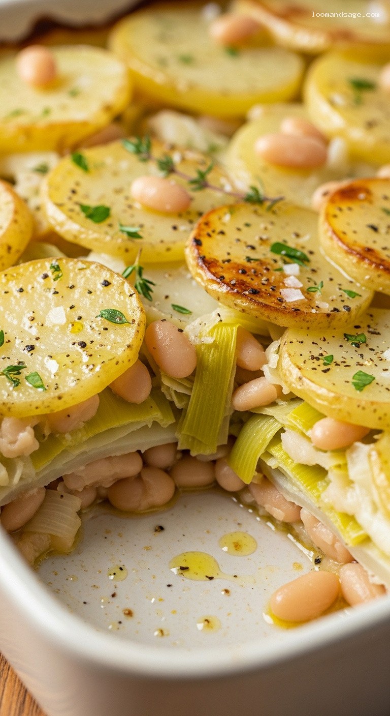 Rustic Potato, Leek, and White Bean Gratin Bake – Closeup