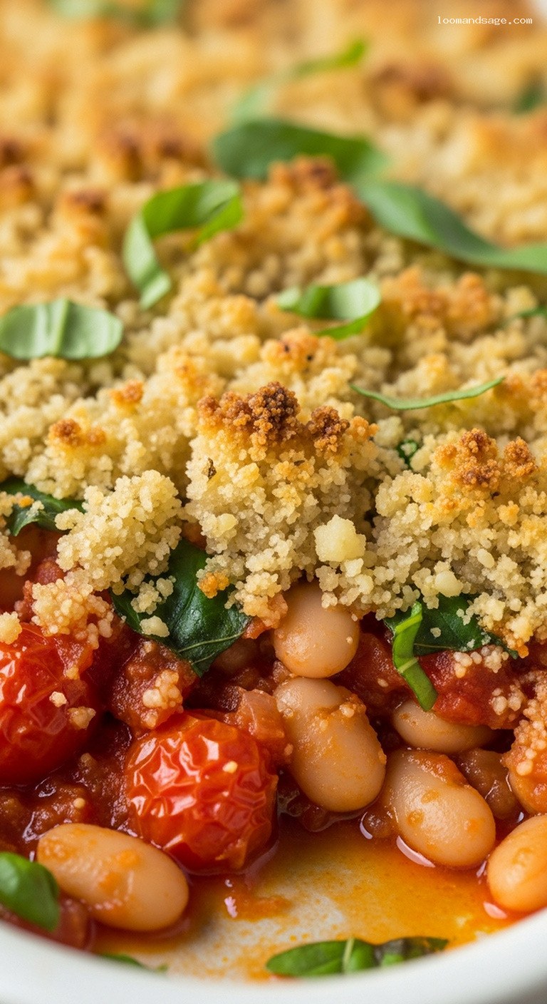 Rustic Roasted Tomato and White Bean Bake with Garlic Breadcrumbs – Closeup